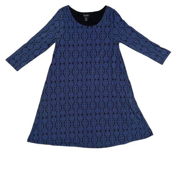 Nicole Miller New York Black Blue Print 3/4 Sleeve Shift Swing Dress Size Small - Picture 9 of 9